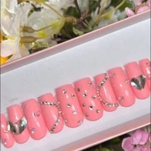 Bubblegum pink nails with heart gems XL coffin and SM coffin